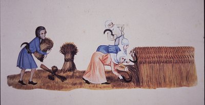 Mujeres medievales cosechando maíz, después de una escena del Salterio de Luttrell (litografía en color) de John Ward Dunsmore