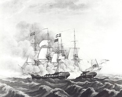 USS Constitution y HMS Guerriere (litografía) de John Ward Dunsmore