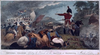 El General Graham derrotando a los franceses en la Batalla de Barrosa, grabado por J. Edwards, publicado por Almanack Stationers, 1812 de W. Hal Brooke
