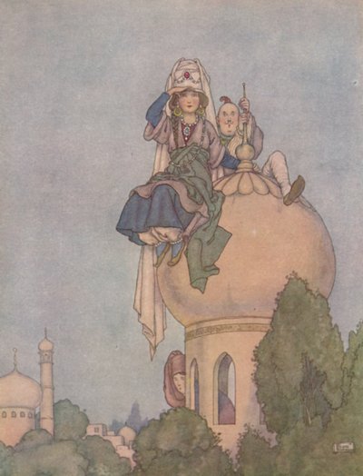 Ella se sentó todo el día en el techo de su palacio, esperándolo, c1930 de William Heath Robinson