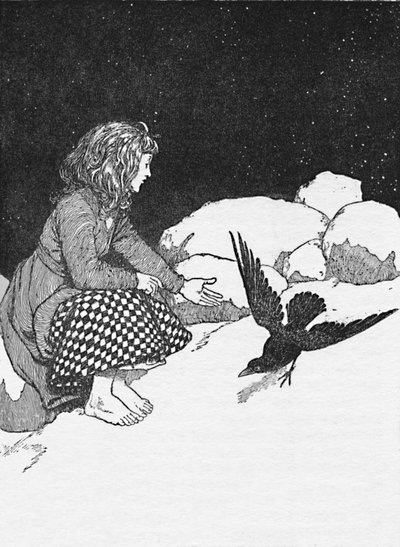 De repente un gran cuervo saltó sobre la nieve frente a ella de William Heath Robinson