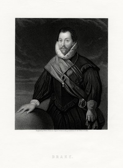 Sir Francis Drake, corsario inglés, navegante, pionero naval, político, siglo XIX de W. Holl