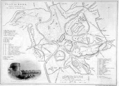 Roma, Italia: Mapa comparativo de sitios antiguos y modernos, c.1850 de W Hughes
