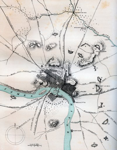 Un mapa de Richmond y sus alrededores mostrando todas las baterías, 1862-1867 de W Kemble