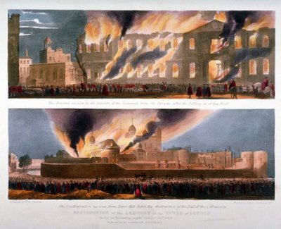Dos vistas de la destrucción de la Armería en la Torre de Londres por fuego, 30 de octubre de 1841 de W Kohler and Co
