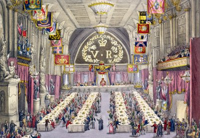 El pregonero común proclamando el brindis de salud a la Reina Victoria en un banquete celebrado en el Guildhall, 1837 de W. Lake
