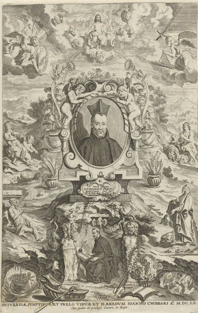 Retrato de Jeremías Drexel Página de título para: JE. Drexel, De sonne-bloeme oft Vande over-a-cominge van den menscheliicken wille met de[n] godtliicke[n], 1660 de W Merel van