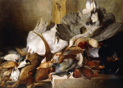 Una naturaleza muerta de aves muertas; una garza colgando de una pared, pato, faisán, perdiz, becada, un cisne y una paloma con una liebre, 1845 de W. Oakes
