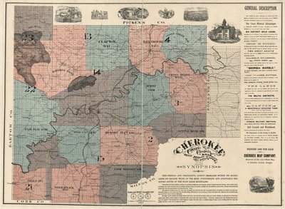 En inglés:  Muestra los números de lote/bloque y los nombres de los residentes. Aprobado como el único mapa oficial del condado de Cherokee. Dos hojas unidas para formar una, montadas sobre tela. LC Mapas de propiedad de tierras, 87 Incluye texto e ilustra de W. P. Bullock
