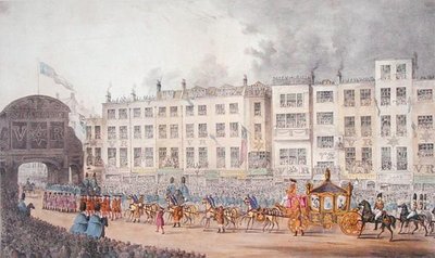 Vista de Temple Bar durante la visita de la Reina Victoria a la Ciudad de Londres en 1837 de W. R. Browne