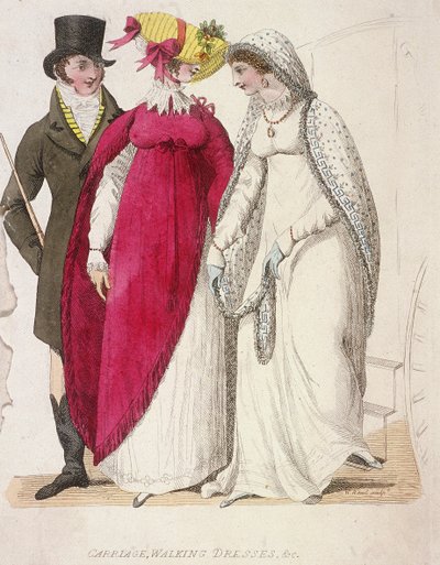 Dos mujeres con vestidos de paseo acompañadas por un hombre, c1810 de W Read