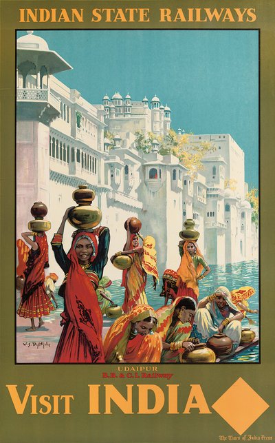 Visita India, Udaipur, un cartel publicitario para los Ferrocarriles del Estado de la India de W. S. Bylityllis