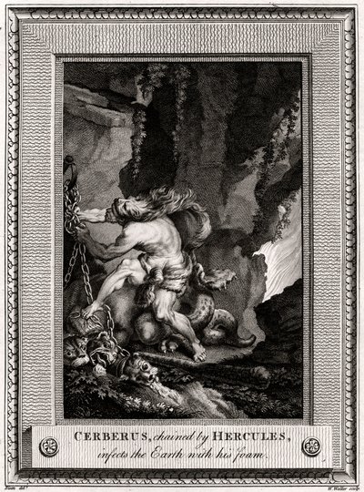 Cerbero, encadenado por Hércules, infecta la Tierra con su espuma, 1774 de W. Walker