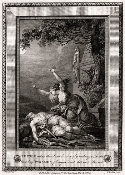 Tisbe toma la espada ya empapada con la sangre de Píramo, la hunde..., 1775 de W. Walker