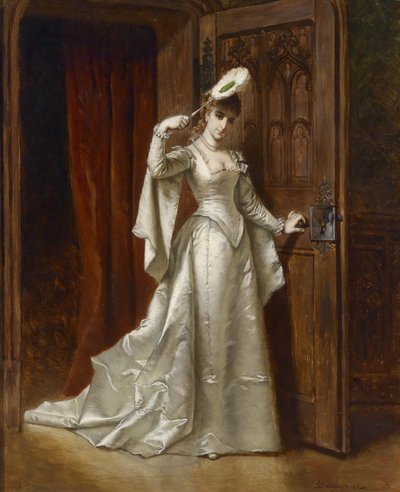 Dama elegante en vestido de damasco blanco de Władysław Bakałowicz