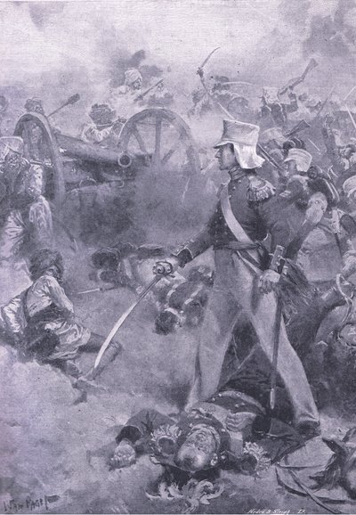 Chilianwala, 13 de enero de 1849: El cuerpo de Pennycuick custodiado por su hijo, ilustración de British Battles on Land and Sea, 1915 de Wal Paget