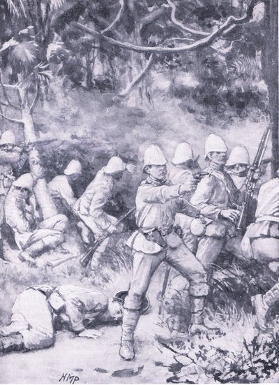 Luchando por abrir un camino a través del bosque en el camino a Coomassie, ilustración de 