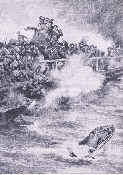 Sebastopol: La retirada sobre el puente de barcos, ilustración de British Battles on Land and Sea, 1915 de Wal Paget