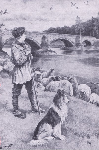 La vista del viejo puente romano en Musselburgh despierta la imaginación de John Rennie el pastor, de Mi Revista, pub.1922 de Wal Paget