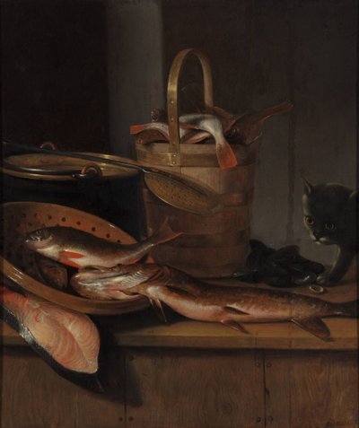 Naturaleza muerta con pescado y un gato de Wallerant Vaillant