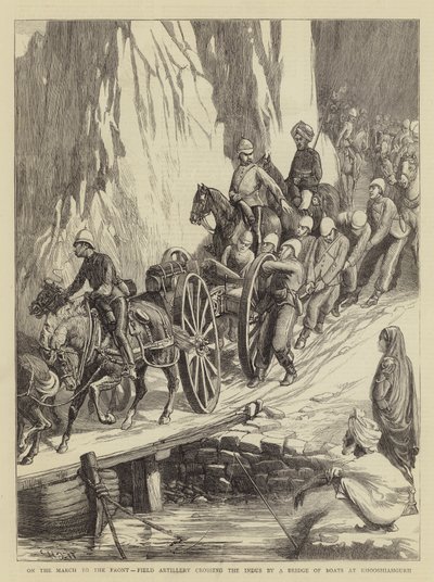 En marcha hacia el frente, artillería de campaña cruzando el Indo por un puente de barcos en Khooshiahgurh de Walter Charles Horsley