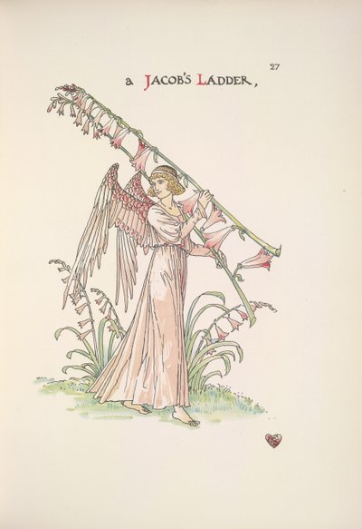 Una escalera de Jacob. Un ángel sosteniendo una escalera hecha de plantas de Walter Crane