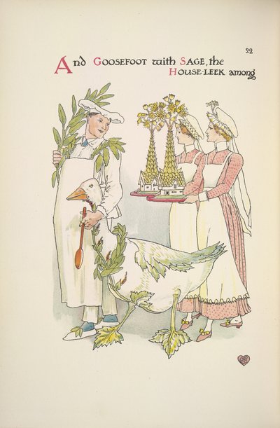 Un cocinero sosteniendo un ganso. Dos señoras llevando bandejas de Walter Crane