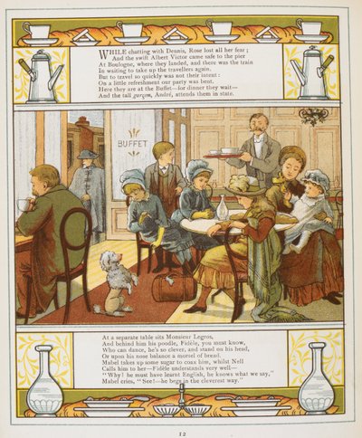 Una familia tomando un refresco en un buffet. Ilustración en color de "Abroad". de Walter Crane