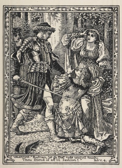 Una escena de "Dos caballeros de Verona". Cuando Silvia grita, Valentín salta furioso de entre los arbustos y maldice a Proteo por su traición. de Walter Crane