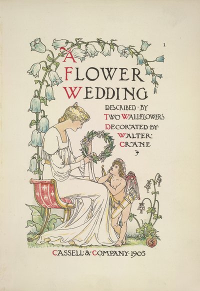 Una mujer sentada que sostiene una guirnalda; un ángel que la mira de Walter Crane