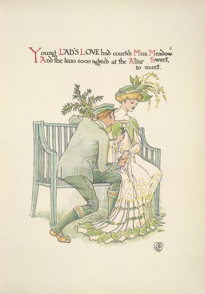 Un joven cortejando a una joven, Miss Meadow de Walter Crane