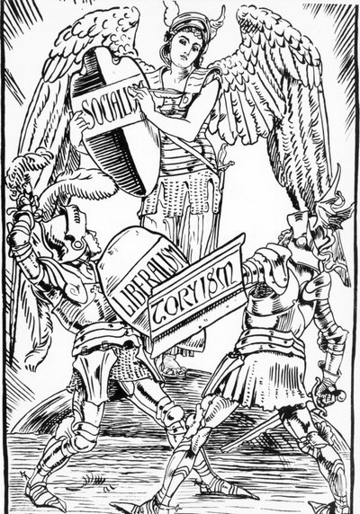 Alegoría de Walter Crane: El socialismo triunfa arduamente en la lucha entre el liberalismo y el toryismo (Partido Conservador Inglés). Grabado de finales del siglo XIX. de Walter Crane