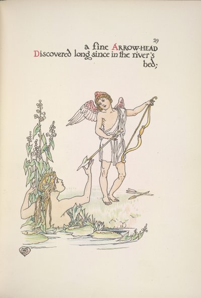 Un ángel con una flecha y una dama en un río o lago de Walter Crane