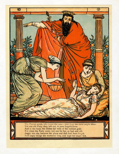 Y ella cae en un sueño como la muerte, del Libro de Imágenes de Barba Azul de Walter Crane