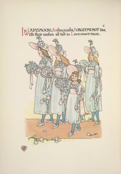 Damas de honor vestidas de azul "Olvídame". de Walter Crane