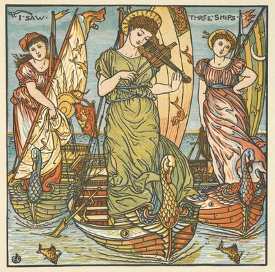 Ilustración en color de "Vi tres barcos". Tres mujeres, una de ellas tocando el violín, de pie sobre barcos. de Walter Crane