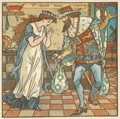 Ilustración en color para "El Rey Arturo". El rey Arturo y su reina con un saco de ingredientes para hacer un pudin de ciruelas. de Walter Crane