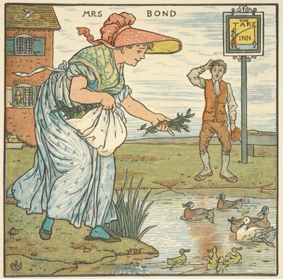 Ilustración en color para "Mrs Bond". Una mujer da de comer a unos patos en una posada. de Walter Crane