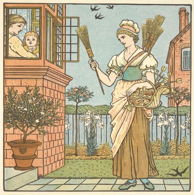 Ilustración en color para "comprar una escoba". Una joven vende escobas. de Walter Crane