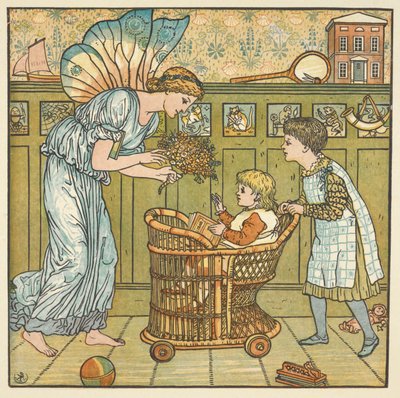Ilustración en color para "El ramo del bebé", una canción infantil. Un hada regala flores a un niño. de Walter Crane