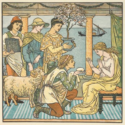 Ilustración en color de "los cuatro regalos". Cuatro hermanos hacen regalos a una joven. de Walter Crane