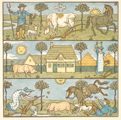 Ilustración en color para "el pequeño desastre". Un granjero, una lechera y varios animales de granja. de Walter Crane