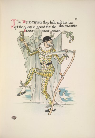 Sombra nocturna mortal. Un hombre con una máscara, un traje amarillo y sosteniendo un temporizador y una guadaña. de Walter Crane