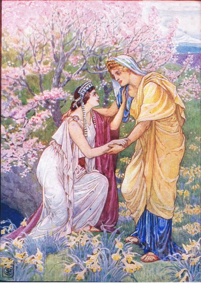 Deméter se regocijó porque su hija estaba a su lado, ilustración de La Historia de Grecia, años 1930 de Walter Crane