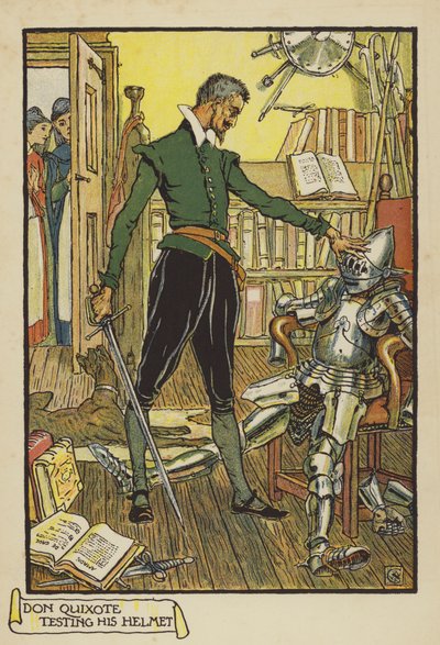 Don Quijote probando su yelmo de Walter Crane