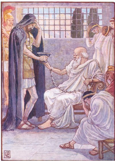 Bebió el contenido como si fuera un trago de vino, ilustración de La Historia de Grecia, años 1930 de Walter Crane