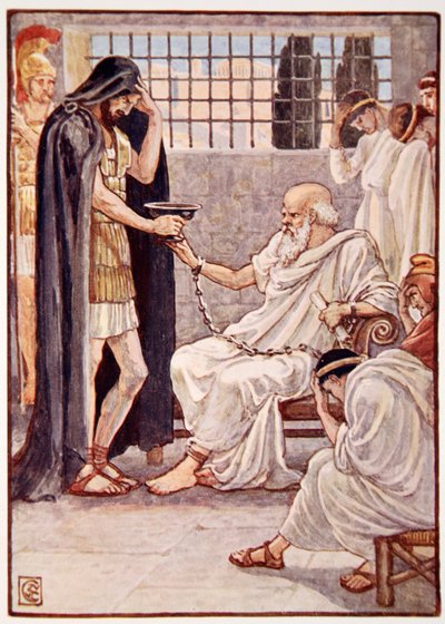 Bebió el contenido como si fuera un trago de vino, ilustración de La Historia de Grecia por Mary Macgregor, 1ra edición, 1913 de Walter Crane