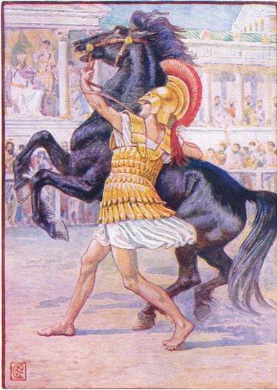 Corrió hacia el caballo y agarró las riendas, ilustración de La Historia de Grecia, años 1930 de Walter Crane