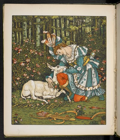 Ilustración del cuento La cierva en el bosque. de Walter Crane