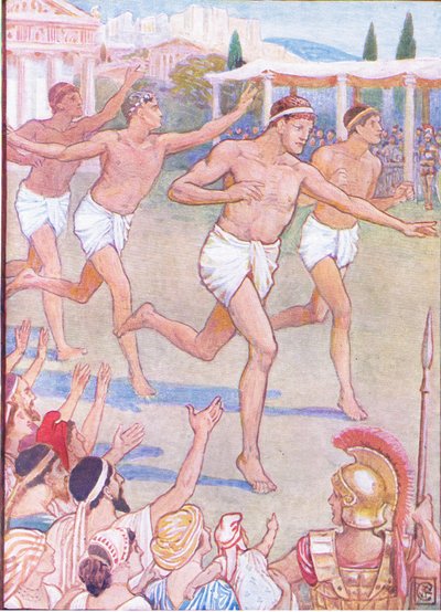 En los primeros tiempos, una simple carrera a pie era el único evento, ilustración de La Historia de Grecia, años 1930 de Walter Crane